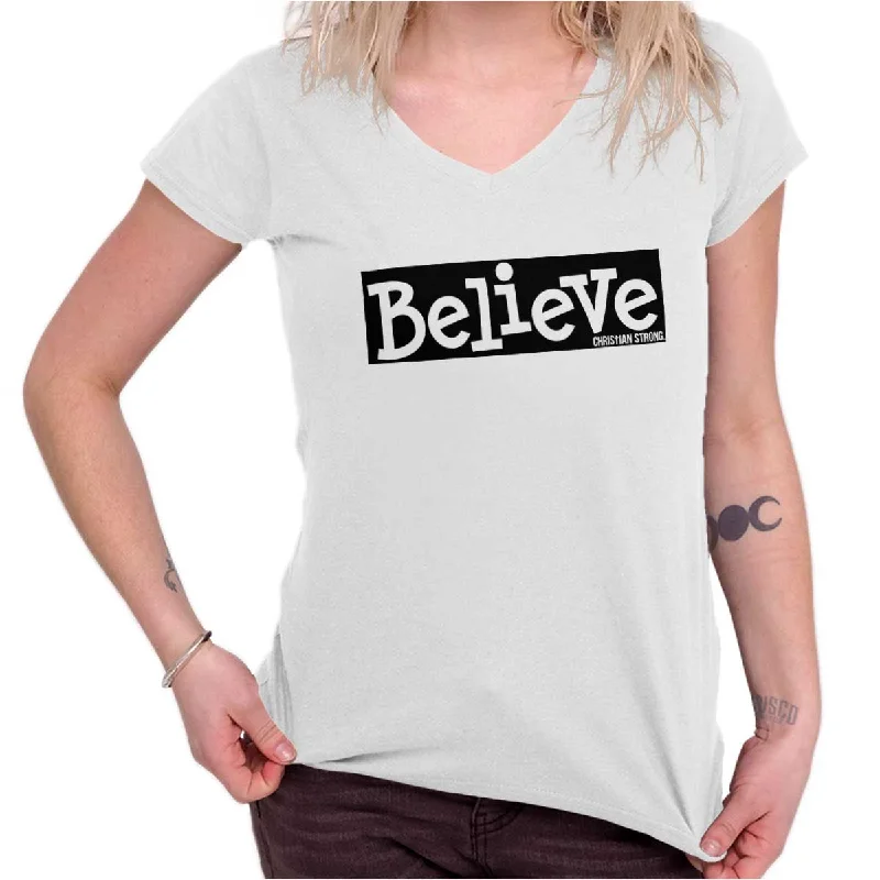 Tie - Dye Women T Shirt with a Bohemian VibeBelieve Christian Strong Junior Fit V-Neck T-Shirt