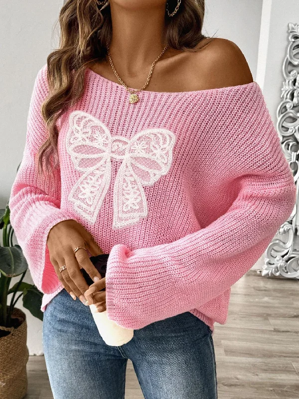 Cropped Women's Angora Blend Sweaters for a Trendy LookBow Boat Neck Long Sleeve Sweater