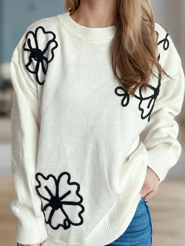 Hooded Women's Fleece - Lined Sweaters for WinterFlower Round Neck Long Sleeve Sweater