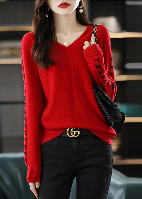 Open - Front Women's Cardigan - Style Mohair SweatersHandmade Red V Neck Jacquard Patchwork Woolen Sweaters Fall