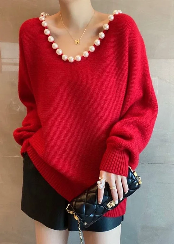 Plus Size Women's Sequined Sweaters for Special OccasionsHandmade Red V Neck Nail Bead Thick Knit Sweaters Fall