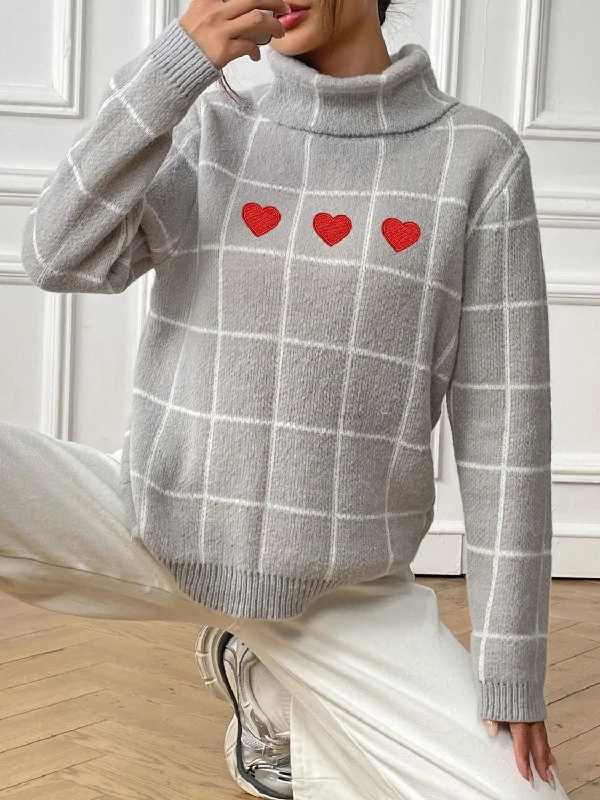 Boat Neck Women's Merino Wool Sweaters in Neutral ShadesHeart Plaid Turtleneck Long Sleeve Sweater