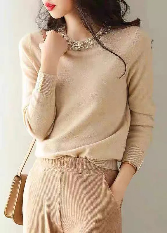 Tie - Front Women's Lambswool Sweaters in Pastel HuesItalian Apricot O Neck Nail Bead Warm Knit Sweaters Fall