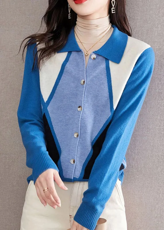 Split - Hem Women's Linen Blend Sweaters for SpringItalian Blue Peter Pan Collar Button Patchwork Knit Sweater Fall