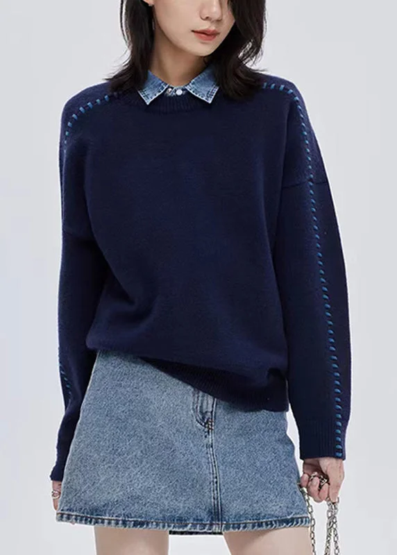 Open - Front Women's Cardigan - Style Mohair SweatersItalian Navy O-Neck Thick Patchwork Woolen Sweater Tops Fall