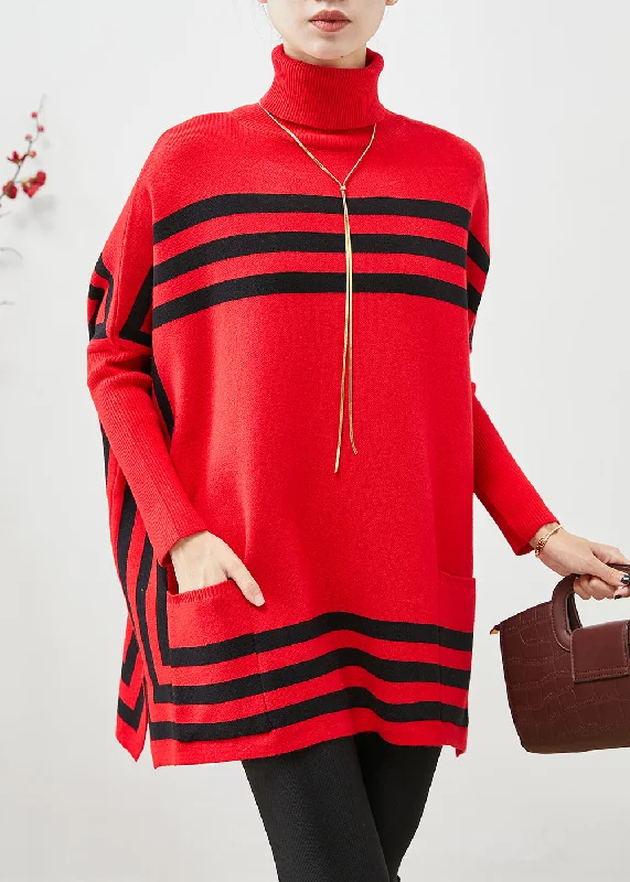 Plus Size Women's Belted Cable Knit SweatersItalian Red High Neck Oversized Striped Knit Sweater Tops Fall