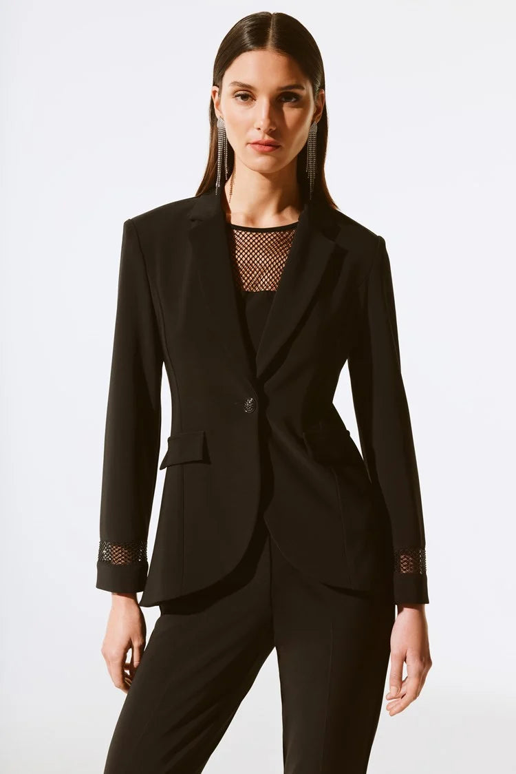 Button - Down Women's Shetland Wool Sweaters in Traditional PatternsJoseph Ribkoff Black Silky Knit and Rhinestone Mesh Blazer