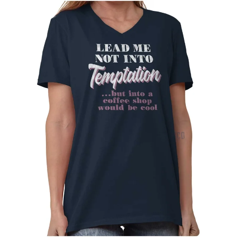 Crop Top Women T Shirt to Pair with High - Waisted BottomsLead Me Not To Temptation V-Neck T Shirt