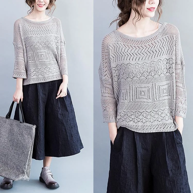 Button - Down Women's Shetland Wool Sweaters in Traditional PatternsLight gray Linen knit sweater top loose knitted pullover