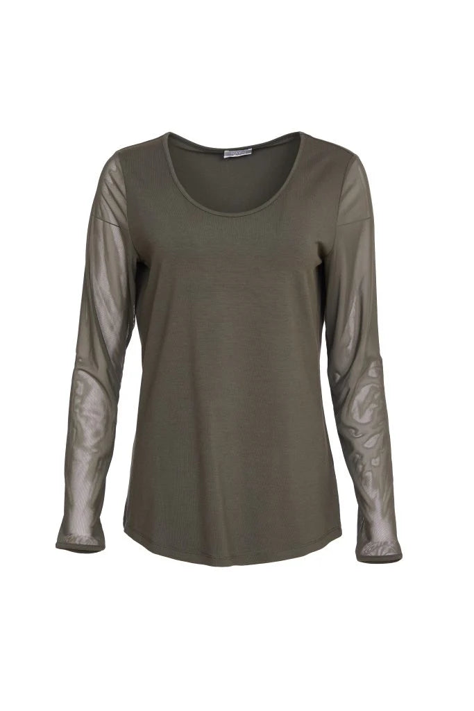 High - Low Hem Women's Cashmere - Blended SweatersNaya Forest Green Long Sleeved Mesh Sleeve Top