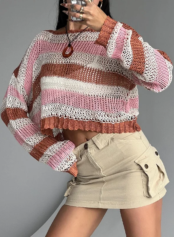 Plus Size Women's Sequined Sweaters for Special OccasionsPerren Sweater Pink / Brown Stripe