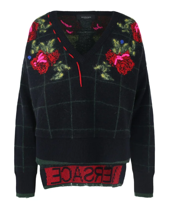 Hooded Women's Fleece - Lined Sweaters for WinterPlaid and Roses Hi-Lo Sweater