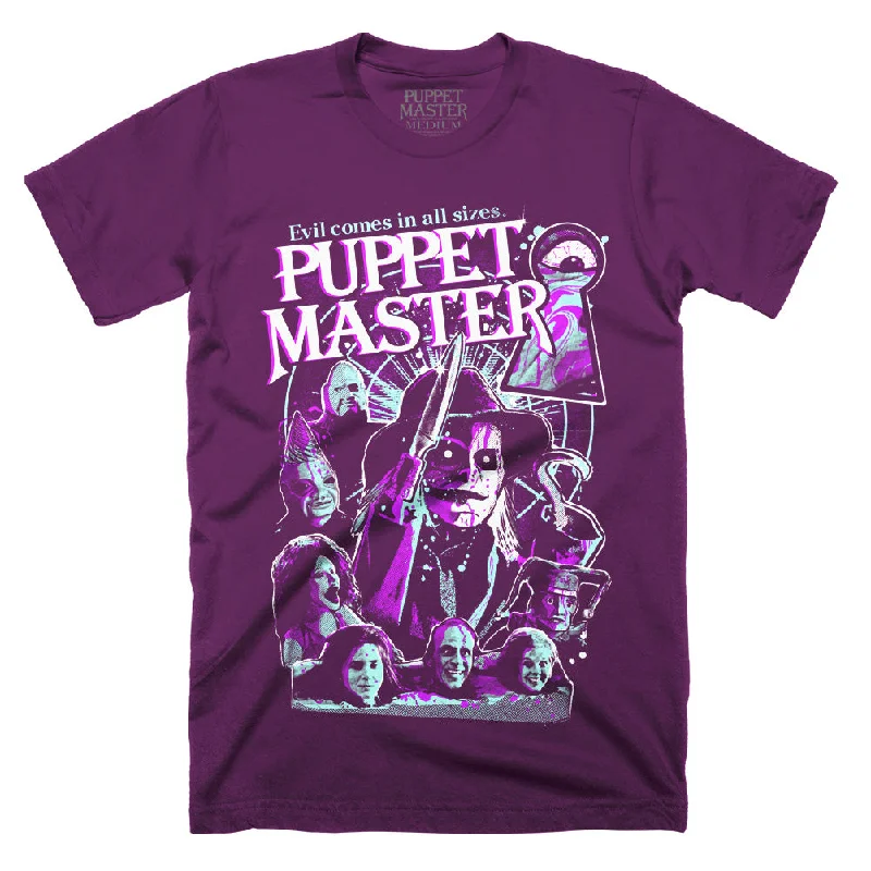 Crew Neck Women T Shirt with a Timeless DesignPuppet Master Evil Comes In All Sizes Purple T-Shirt