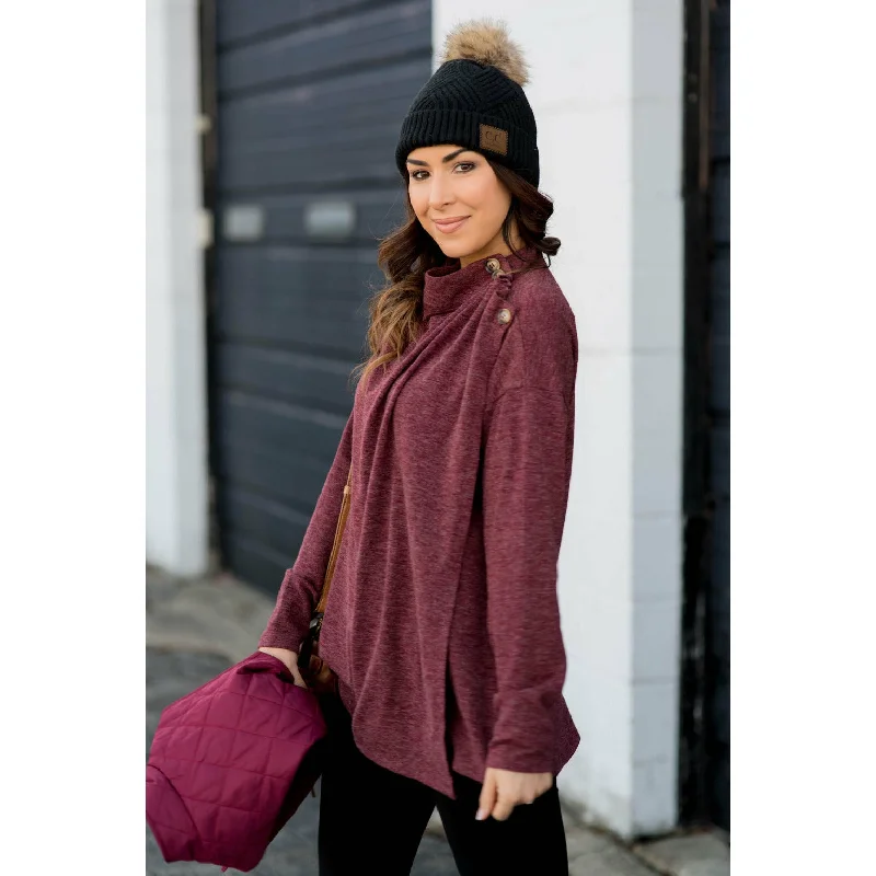 Hooded Women's Fleece - Lined Sweaters for WinterSide Button Wrap Sweater