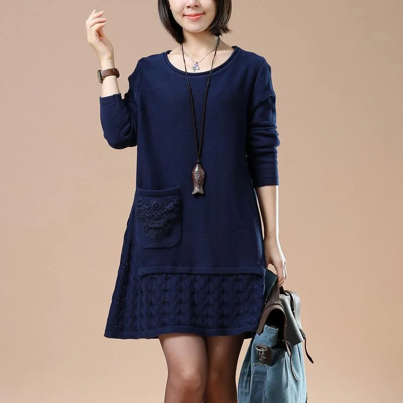 Button - Down Women's Shetland Wool Sweaters in Traditional PatternsSolid navy sweater shift dresses knitted winter dress