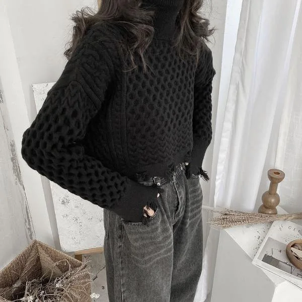 Button - Down Women's Shetland Wool Sweaters in Traditional PatternsSpring New Sweater Knitting Splicing Broken Edge Tassel Women Casual Fashion Turtleneck Collar Solid Color