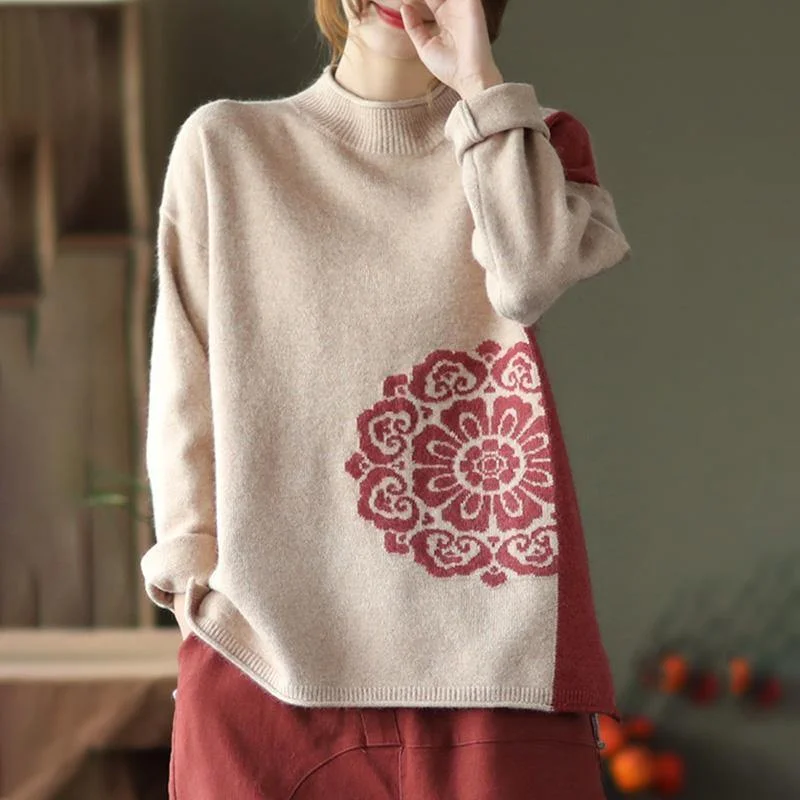 Plus Size Women's Embroidered Sweaters in Ethnic StylesSpring Retro Flower Knit Sweater Jumper