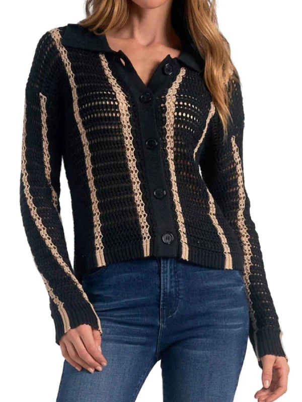 Plus Size Women's Belted Cable Knit SweatersStriped Button Front Sweater In Black