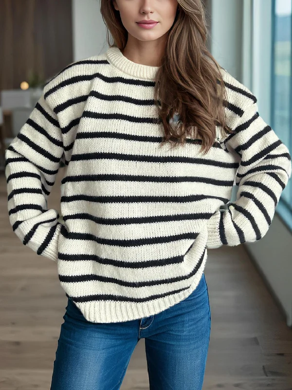 Women's Long Sleeve Turtleneck Cashmere SweatersStriped Round Neck Long Sleeve Sweater