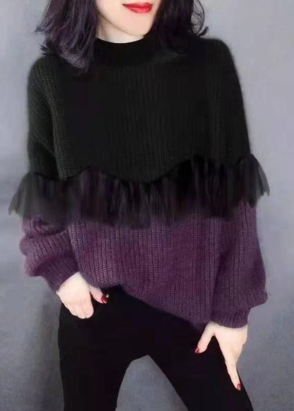 Plus Size Women's Embroidered Sweaters in Ethnic StylesStyle Black Purple fashion O-Neck Patchwork Fall Knitted sweaters