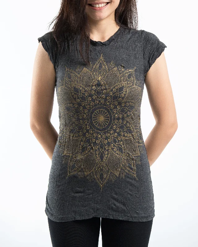 Crop Top Women T Shirt to Pair with High - Waisted BottomsWomens Lotus Mandala T-Shirt in Gold on Black