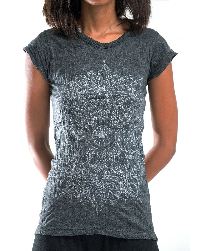 Moisture - Wicking Women T Shirt for Active LifestylesWomens Lotus Mandala T-Shirt in Silver On Black