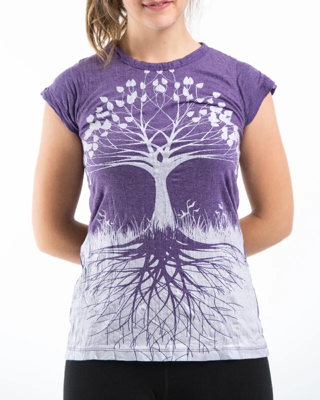 Sleeveless Women T Shirt for Summer ComfortWomens Tree of Life T-Shirt in Silver on Purple