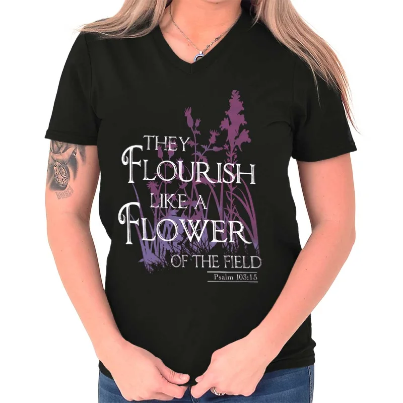 Embroidered Women T Shirt with Intricate DetailsThey Flourish Like A Flower V-Neck T-Shirt