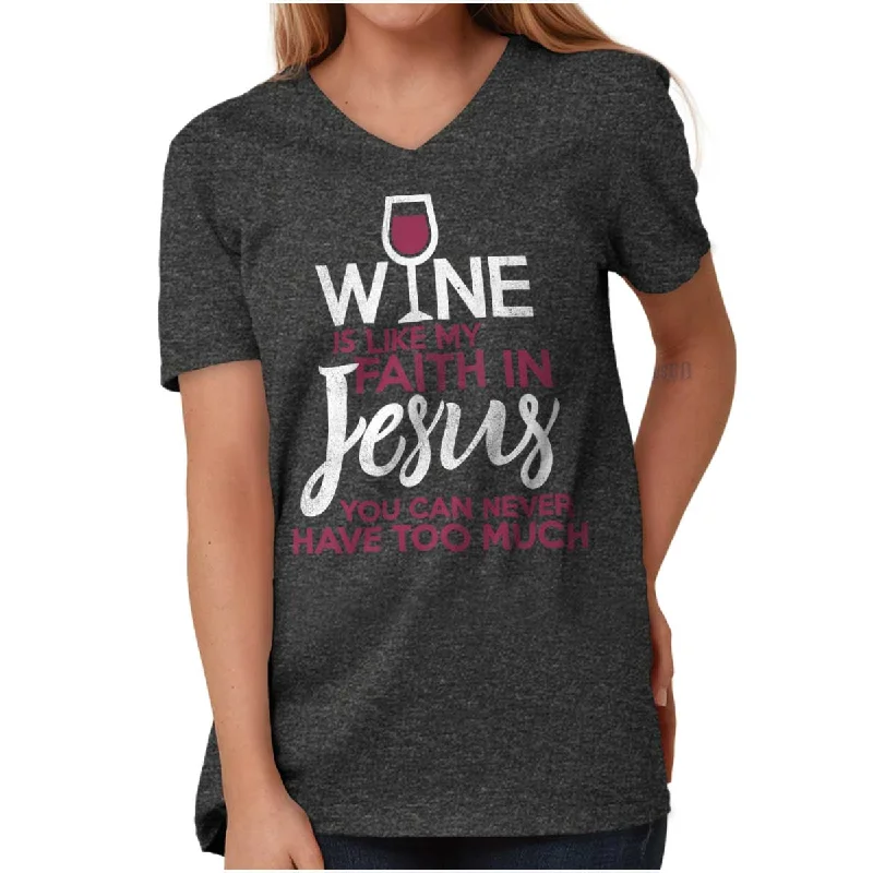 Sequined Women T Shirt for a Sparkly Night OutWine Faith Jesus V-Neck T Shirt