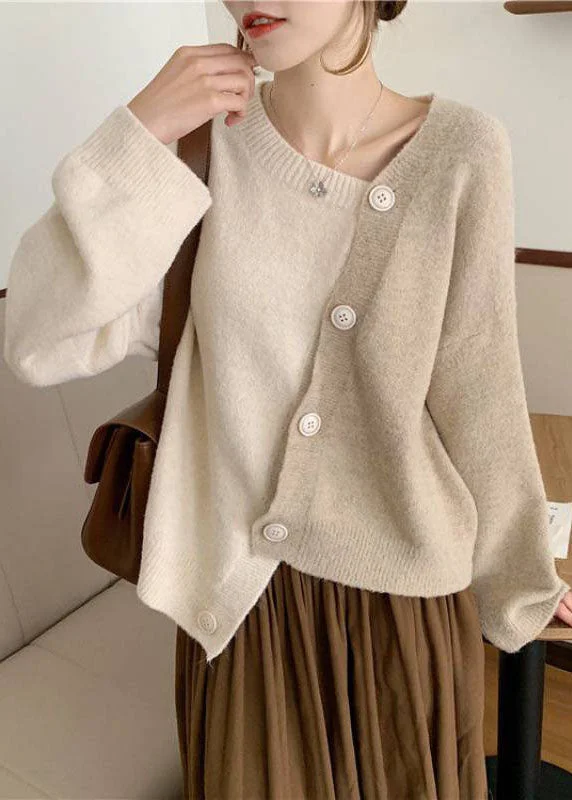 Split - Hem Women's Linen Blend Sweaters for SpringWomen Beige Asymmetrical Button Knit Knit Winter sweaters