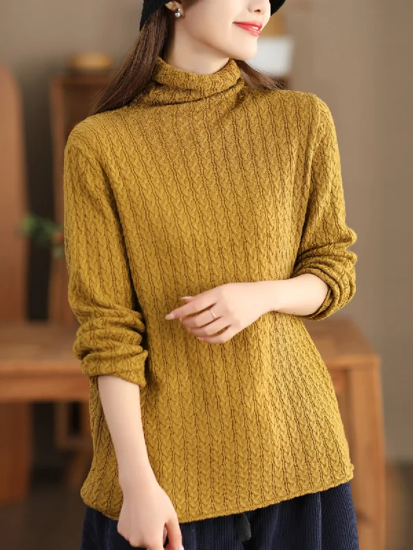 High - Low Hem Women's Cashmere - Blended SweatersWomen Casual Jacquard Knitted Solid Turtleneck Sweater