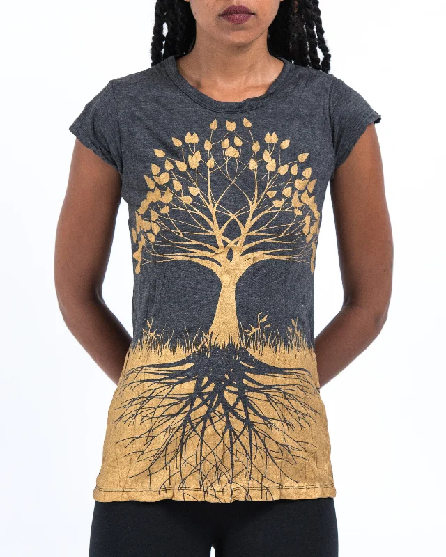 Sequined Women T Shirt for a Sparkly Night OutWomens Tree of Life T-Shirt in Gold on Black