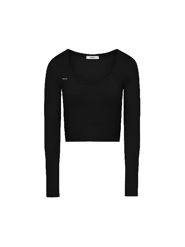 Long Sleeve Women T Shirt for Cooler WeatherWomen's Plant-Stretch Long Sleeve Cropped Top—black