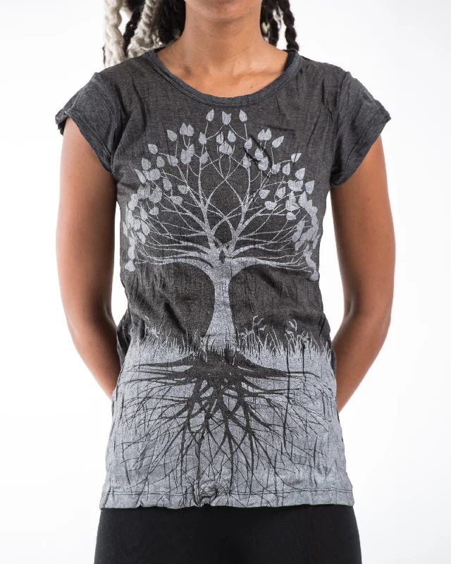 Crop Top Women T Shirt to Pair with High - Waisted BottomsWomens Tree of Life T-Shirt in Silver on Black