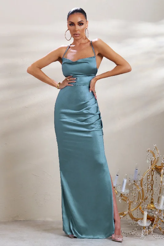 Halter Neck Women Dress to Show Off the Shoulders and NecklineA-List | Blue Satin Cowl Maxi Dress With Thigh Split