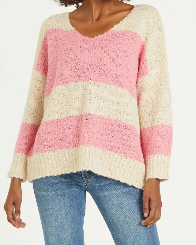 Plus Size Women's Open - Front Cardigan Style Sweater DressesAdrien Stripe Sweater In Carnation Creme