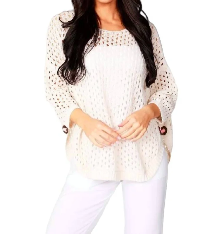 Plus Size Women's Long Sleeve Cable Knit Sweater DressesAimee Wooden Button Poncho In Beige