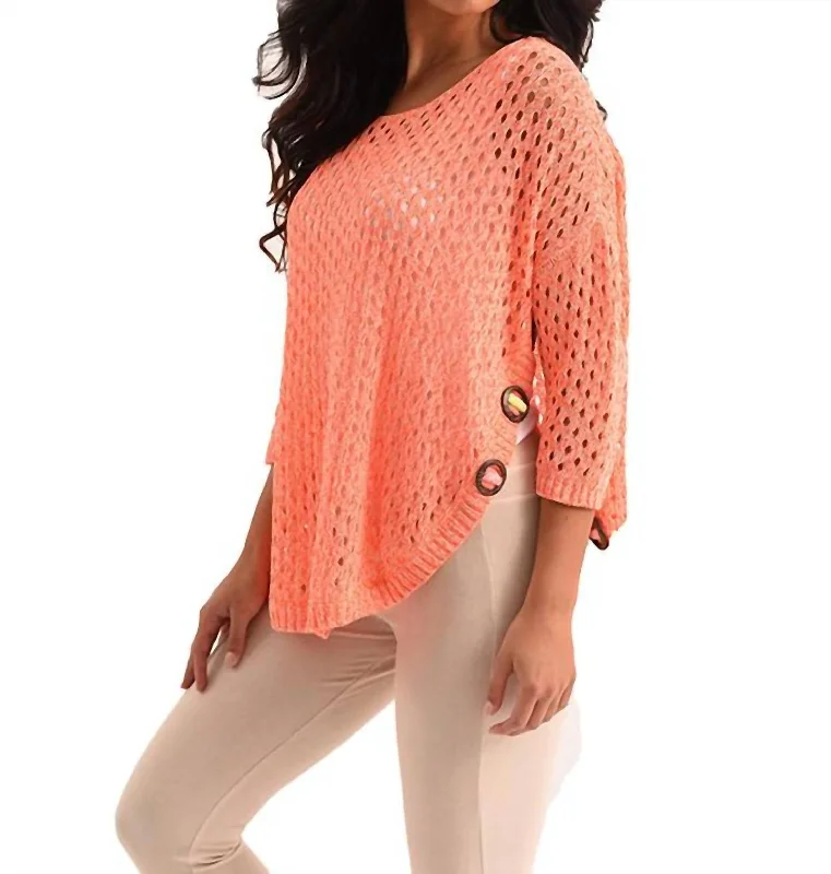 Plus Size Women's Long Sleeve Cable Knit Sweater DressesAimee Wooden Button Poncho In Melon