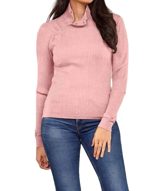 Plus Size Women's Fit - and - Flare Sweater Dresses with Ruffled HemAndre Long Sleeve Snap Turtleneck Top In Pink Quartz