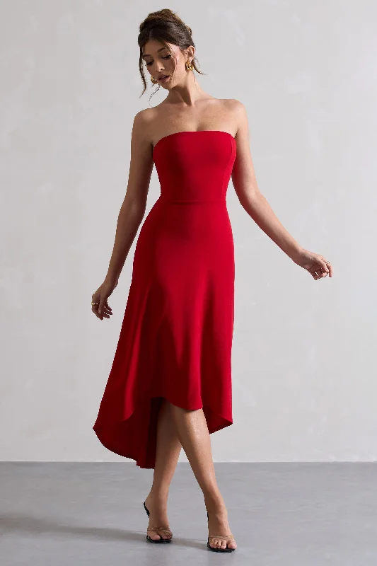 Sleeveless Women Dress in Bright Colors for Summer PartiesAriela | Red Bandeau High-Low Midi Dress