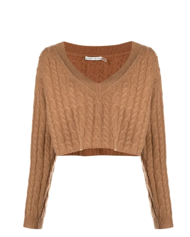 Midi - Length Women's Shetland Wool Sweater Dresses in Traditional PatternsAyden V-Neck Cable Knit Pullover Cropped Top Sweater In Camel