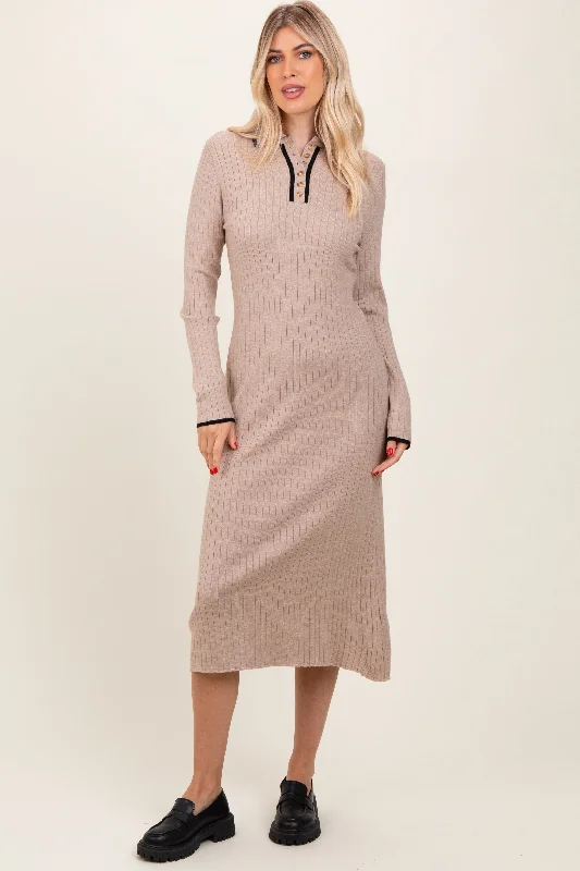 Short Sleeve Women's Cashmere Sweater Dresses in Pastel HuesBeige Ribbed Contrast Trim Polo Midi Sweater Dress