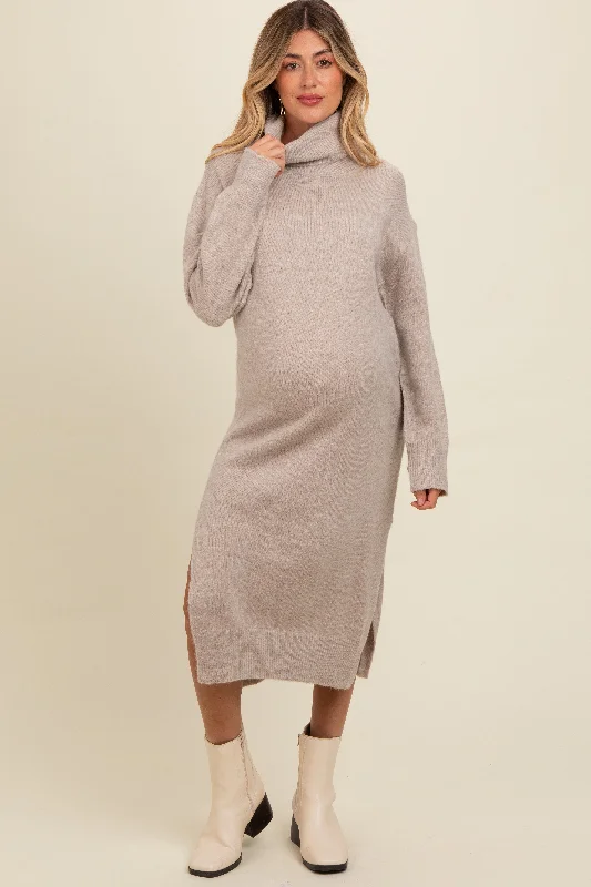 Midi - Length Women's Shetland Wool Sweater Dresses in Traditional PatternsBeige Turtleneck Side Slit Knit Maternity Midi Sweater Dress