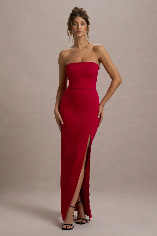 Strapless Women Dress with a Built - in Bra for Comfort and SupportBelle of The Ball | Red Bandeau Maxi Dress With Split Hem