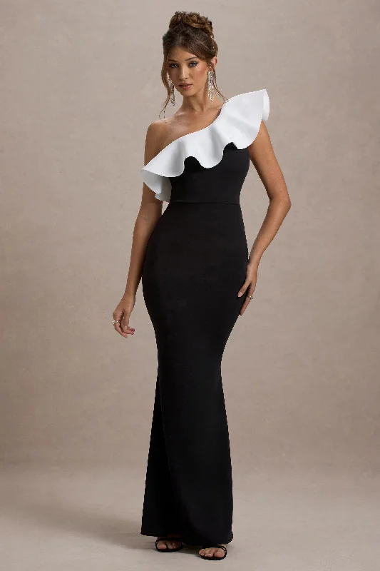 Little Black Women Dress with Sequins for a Glamorous Night OutBerkley | Black & White Ruffled One-Shoulder Maxi Dress