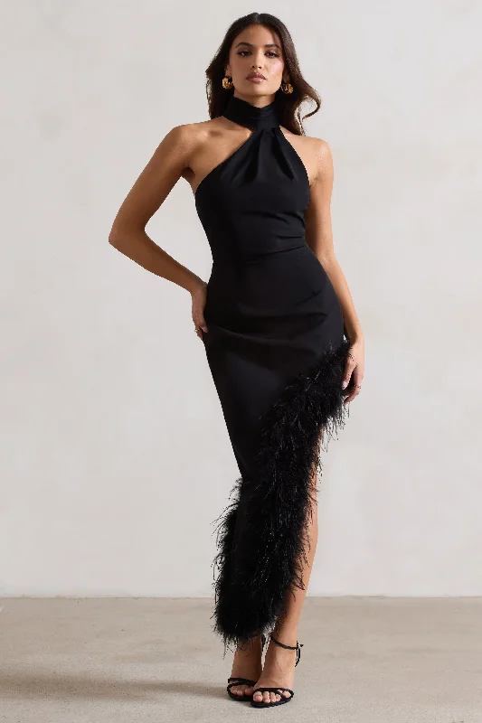 Backless Women Dress for a Sexy and Alluring Look at Evening EventsBrilliance | Black Asymmetric Maxi Dress With Feather Trim