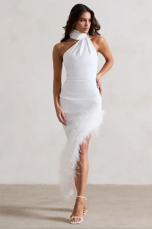 Plus Size Women Dress with a Flattering A - Line Cut for Comfort and StyleBrilliance | White Asymmetric Maxi Dress With Feather Trim