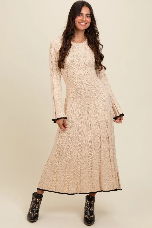 Plus Size Women's Fit - and - Flare Sweater Dresses with Ruffled HemCream Sweater Knit Bell Sleeve Back Cutout Maxi Dress