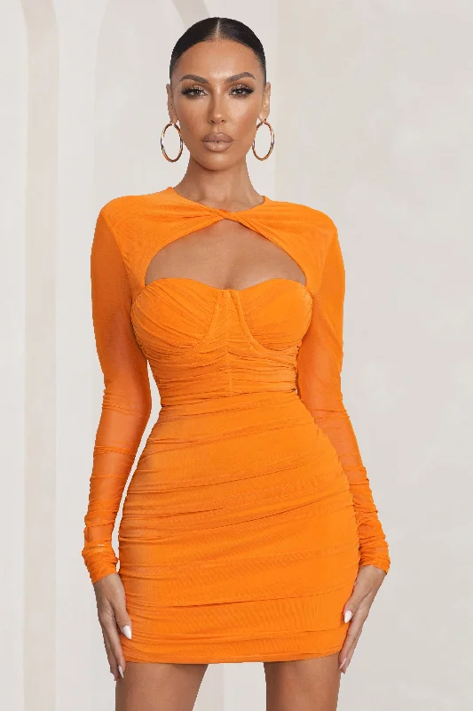 Empire Waist Women Dress to Accentuate the Bust and Conceal the WaistDaiquiri | Orange Cut Out Ruched Mesh Mini Dress With Long Sleeves