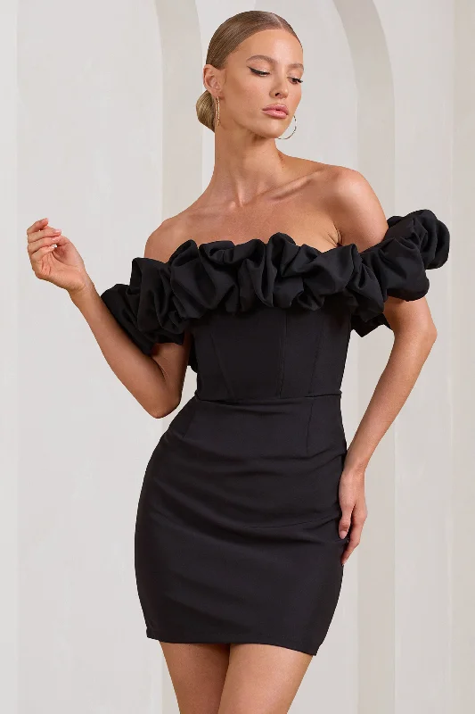 Ball Gown Women Dress with a Full Skirt for a Princess - like LookDawn | Black Ruffled Bardot Mini Dress